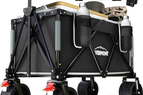 OVERMONT 150KG FESTIVAL CAMPING TROLLEY ON WHEELS – HEAVY DUTY FOLDING WAGON CART WITH DETACHABLE ALL-TERRAIN WHEELS, BRAKE, ADJUSTABLE HANDLE, PORTABLE FOR OUTDOOR, BEACH, GARDEN & SHOPPING – BLACK-AUTO WIN 26/05