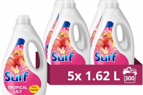 Surf Tropical Lily Laundry Washing Liquid 300 washes with a joy-infused fragrance with natural essential oils lasting up to 12 hours in wear Detergent for brilliantly clean results (5x 1.62 L AUTO-WIN 31/05