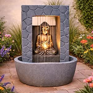 Festive Lights – 43cm Garden Water Feature, Buddha Rainfall Outdoor Fountain, Solar, USB & Mains Powered, Grey & Gold Resin, LED Light, Timer, IP44, External Panel-AUTO WIN 19/05