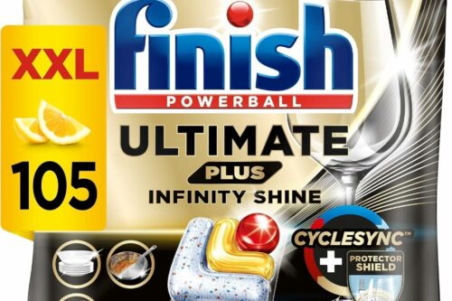 Finish Dishwasher Tablet, Ultimate Plus Infinity Shine, 105 Detergent Tablets, Lemon Sparkle, Tough on Grease, For our Most Intensive Clean & Diamond Shine, Effective for Short Eco Cycle AUTO-WIN 08/05