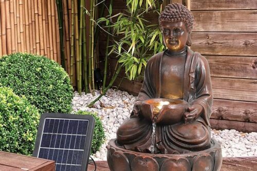Solar Powered Garden Water Feature Indoor/Outdoor Fountain Meditating Buddha Water Fountain Yard Garden Water Feature with LED Light Statues Patio Decoration-AUTO WIN 26/05