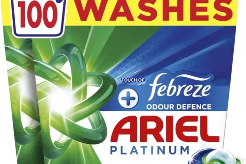 Ariel Platinum PODS®, Washing Liquid Laundry Detergent Capsules 100 Washes, +Touch of Febreze Odour Defence, Remove Even 7-Day Sweat Odours AUTO-WIN 08/05