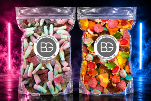 Quality Pick & Mix Sweets - Gummy Candy Jelly Filled Mix Sweeties 800g Pouch And Quality Pick & Mix Sweets - Fizzy Cola, Cherry, Tutti Frutti Bottles Mix Sweeties 800g Pouch AUTO-WIN 15/05
