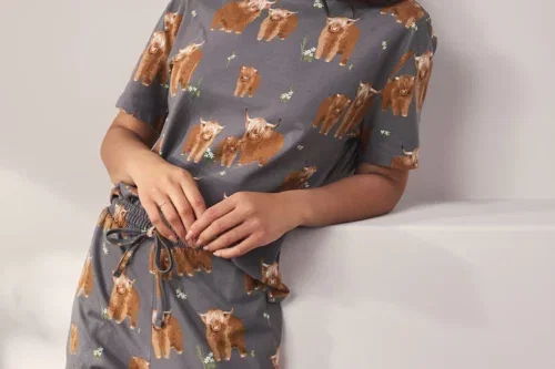 Charcoal Grey Hamish The Highland Cow 100% Cotton Short Set Pyjamas-AUTO WIN 20/05