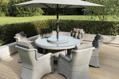 6 Seater Grey Rattan Round Garden Dining Set with Lazy Susan, Built-in Ice Bucket and Matching Parasol-AUTO WIN 12/05