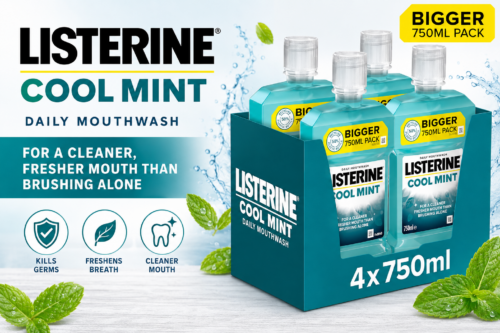 LISTERINE COOL MINT MOUTHWASH PACK OF 4 (4 X 750ML), HELPS KILL UP TO 99% OF GERMS LEFT AFTER BRUSHING AND REDUCE PLAQUE, MOUTHWASH TO FRESHEN BREATH AND MAINTAIN HEALTHY GUMS AUTO WIN 06/06