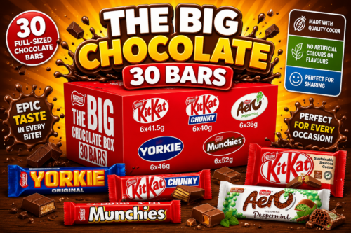 Nestlé The Big Chocolate Box, 30 x Chocolate Bars – KitKat, KitKat Chunky, Yorkie, Aero, Munchies – Sharing Gift, 1.3kg AUTO-WIN 21/06