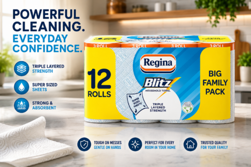 REGINA BLITZ HOUSEHOLD TOWELS – 12 TRIPLE LAYERED ROLLS, 70 SHEETS PER ROLL, RECYCLABLE-PAPER PACKAGING, FSC CERTIFIED PAPER, 60% LARGER THAN STANDARD KITCHEN ROLL SHEETS AUTO-WIN 24/06