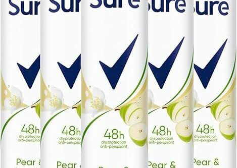 Sure Nonstop Protection Anti Perspirant Deodorant Spray Pear & Jasmine, Pack of 5, Alcohol-Free Deodorant for Women 48-Hour Odour and Sweat Protection with Fruity and Floral scent, 200ml-AUTO WIN