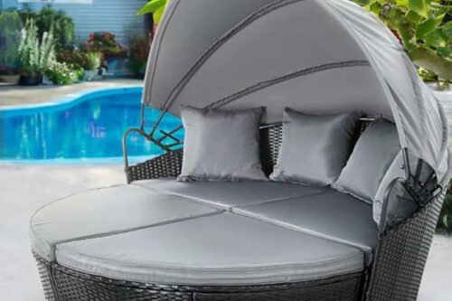 EVRE Bali 3 Piece Modular Round Rattan Wicker Patio Garden Furniture Daybed Sun Lounger Set with Extendable Canopy and Conversation Seat Cushions (Black)09/06