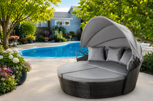 EVRE Bali 3 Piece Modular Round Rattan Wicker Patio Garden Furniture Daybed Sun Lounger Set with Extendable Canopy and Conversation Seat Cushions (Black)09/06
