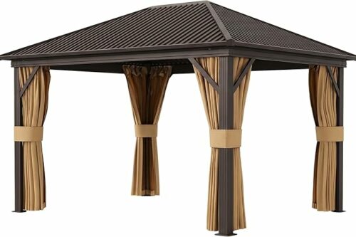 Outsunny 3 x 3.6m Outdoor Hardtop Gazebo Metal Roof Patio Gazebo with Aluminium Frame, Mesh Nettings, Curtains, & Roomy Interior Space, Brown-AUTO WIN 08/06