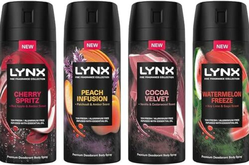 Lynx Find your New Fine Fragrance Bundle of 4x Deodorants 72 hours of Freshness Aluminium-Free Premium Body Spray, 150 ml (Cherry Spritz, Peach Infusion, Cocoa Velvet, Watermelon Freeze)-AUTO WIN 28/06