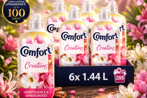 Comfort Creations Honeysuckle & Sandalwood Fabric Conditioner with Stay Fresh technology for 100 days of freshness + fragrance* 288 washes (6x 1.44 L) AUTO-WIN 03/06
