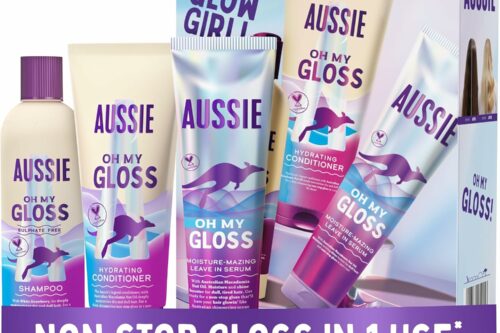 Aussie Oh My Gloss Hydrating Giftset: Shampoo 300ml, Conditioner 200ml, Lightweight Leave-in Serum 160ml. Moisture & Shine Booster for Dull, Dry Hair, with Jojoba, Safflower, Macadamia Nut Oils AUTO-WIN 04/06