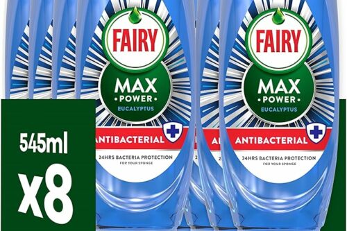 Fairy Max Power Washing Up Liquid Antibacterial 8 x 545ML, Easy & Effortless Cleaning, Even On Your Greasiest Pots & Pans AUTO-WIN 08/06