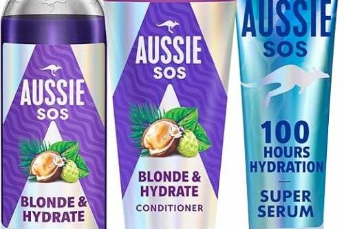 Aussie SOS Blonde & Hydrate Set: Purple Shampoo 300ml, Conditioner 200ml and Super Serum All in One Leave-In Treatment 160ml AUTO-WIN 09/06