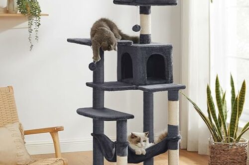 Smoky Grey Feandrea Cat Tree Tower, 143 cm Multi-Level Plush Cat Condo with 4 Scratching Posts, 2 Perches, Cave, Hammock, Pompoms, Smoky Grey AUTO-WIN 14/06
