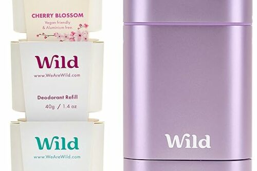 Wild - Purple Case with Refill Variety Pack (3 x 40g) - Natural Refillable Deodorant - Aluminium Free - Includes Fresh Cotton & Sea Salt, Cherry Blossom and Coconut & Vanilla Scents - Vegan AUTO-WIN 06/06