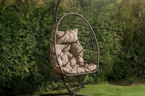 OHS Hanging Egg Chair Grey, Rattan Garden Swing Chair Wicker Hammock with Stand Indoor Outdoor Patio Garden Furniture Relaxing Comfy Foldable Egg Chairs with Grey Cushion Included AUTO-WIN 18/06