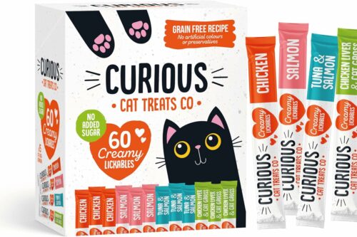 CURIOUS Creamy Cat Treats, 60 Pouches of Puree Food Topper, Cat Yogurt, Natural & Grain-Free, Lickable, Flavor Variety Pack (Chicken, Salmon, Tuna & Salmon, Chicken Liver Cat Grass), 15g x 60pk AUTO-WIN 07/06