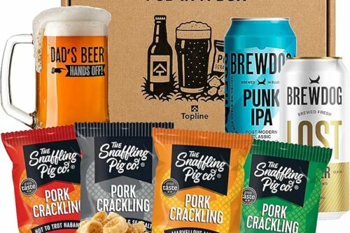 Crackling & Craft Beer Gift Set - Randomly Selected 4 Snaffling Pig Pork Cracklings, 2 x 440ml Ipa Lager Beers & Beer Tankard. Great Birthday Gifts for Men, Fathers Day (1 Hamper) AUTO-WIN 21/06
