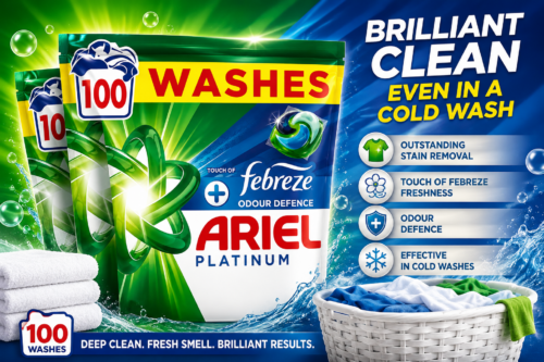 Ariel Platinum PODS®, Washing Liquid Laundry Detergent Capsules 100 Washes, +Touch of Febreze Odour Defence, Remove Even 7-Day Sweat Odours AUTO-WIN 22/06