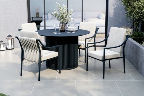 4 Seater Black Aluminium Round Garden Dining Set with Rope Chairs-AUTO WIN 14/06