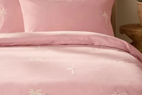Pink Peachy Broderie Palm Trees Duvet Cover and Pillowcase Set-AUTO WIN