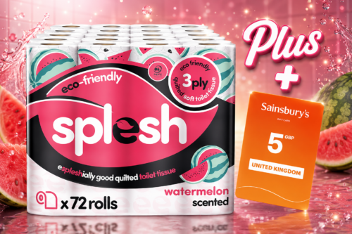 DAILY LUNCH DASH! Splesh by Cusheen Toilet Roll 72 Rolls - Watermelon Scent Bulk Family Pack | Soft DAILY LUNCH DASH! 3 Ply Quilted Bathroom Tissue Loo Rolls | Eco-Friendly, Sustainable Toilet Paper