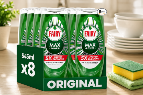 Fairy Max Power Washing Up Liquid Original 8 x 545ML, Easy & Effortless Cleaning, Even On Your Greasiest Pots & Pans