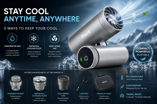 Shark ChillPIll 3-in-1 Personal High-Speed Fan, Ultra-Fine Mist and InstaChill System Travel Bundle with Case, Includes 3 Cooling Attachments, Travel-Friendly Design, Cloud FA021UK AUTO-WIN 25/06