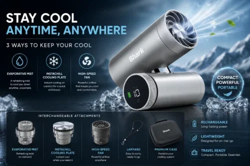SHARK CHILLPILL 3-IN-1 PERSONAL HIGH-SPEED FAN, ULTRA-FINE MIST AND INSTACHILL SYSTEM TRAVEL BUNDLE WITH CASE, INCLUDES 3 COOLING ATTACHMENTS, TRAVEL-FRIENDLY DESIGN, CLOUD FA021UK AUTO-WIN 26/06