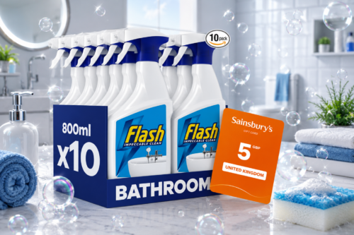 DAILY LUNCH DASH! Flash Bathroom Cleaner Spray, 8 Litres (800 ml x 10), Bathroom Cleaning, Limescale Remover & Long Lasting Shine With Febreze Freshness, Bath Cleaner (PLUS YOU WIN A £5 SAINSBURYS GIFT CARD FOR LUNCH BREAK) AUTO-WIN 02/07