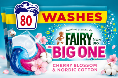 Fairy Non Bio The Big One Washing Liquid Pods, Cherry Blossom & Nordic Cotton, 2 x 40 Washes, 2X Stain Removal, Voted No1 for Sensitive Skin AUTO-WIN 31/07