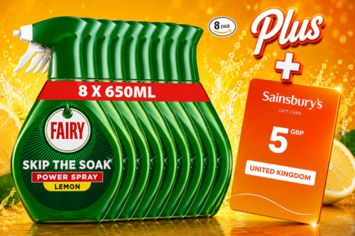 DAILY LUNCH DASH! Fairy Skip the Soak Dish Power Spray, Lemon, 8x650ml, Grease Remover & Degreaser for Fast, Effortless Cleaning (PLUS YOU WIN A £5 SAINSBURYS GIFT CARD FOR LUNCH BREAK) AUTO-WIN 06/07
