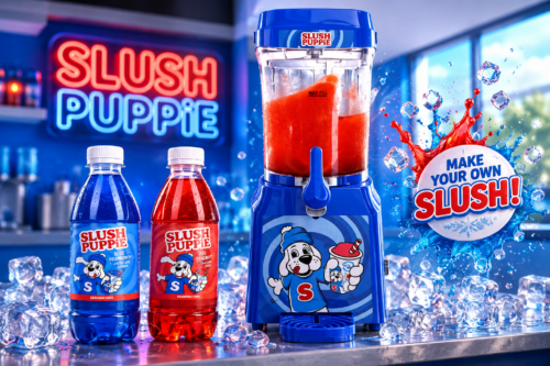 Slush Puppie Machine & 2-Pack Syrups Bundle. Includes Blue Raspberry & Strawberry Flavours. Glycerol Free. AUTO-WIN 21/07