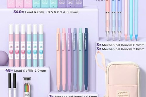 36PCS Aesthetic School Supplies in Pencil Case, 12PCS Mechanical Pencils 0.5,0.7,0.9 & 2.0mm with 624 Lead Refills, Mechanical Pencil set for Writing Drawing & Drafting (Pink)-AUTO WIN 01/08