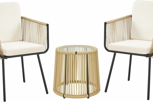Yaheetech 3-Piece PE Rattan Bistro Set, 2 Chairs & Side Table, Tan/Cream | All-Weather Outdoor Wicker Dining Set | Cushions & Tempered Glass Tabletop | For Garden, Balcony, Backyard & Patio AUTO-WIN 06/08