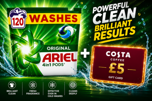 DAILY COFFEE DASH! Ariel 4in1 PODS®, Washing Liquid Laundry Detergent Capsules 120 Washes, Original, Stain & Odour Removal in 1 Wash, Great Even in Cold & Short PLUS £5 COSTA GIFT CARD AUTO-WIN 15/07