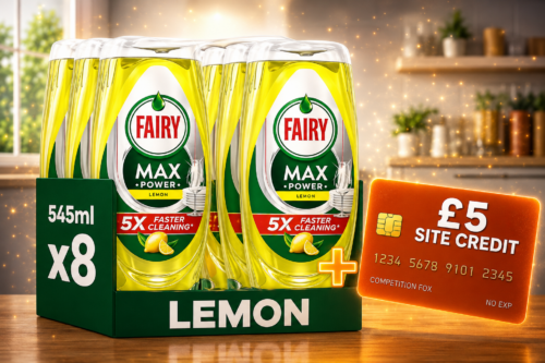 LUCKY LUNCH LOOT £5 SITE CREDIT PLUS Fairy MaxPower Washing Up Liquid Lemon 8 x 545 ML, Easy & Effortless Cleaning, Even On Your Greasiest Pots & Pans AUTO-WIN 16/07