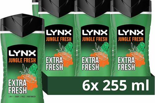 Lynx Jungle Fresh 3-in-1 Body Wash Hair, Face and Body Cleanser shower gel with a palm leaf & amber scent for an all day fresh & clean feel 6x 225 ml-AUTO WIN 05/07