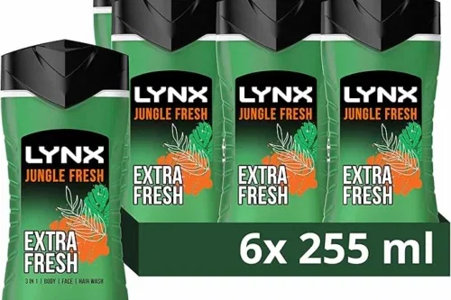 LYNX JUNGLE FRESH 3-IN-1 BODY WASH HAIR, FACE AND BODY CLEANSER SHOWER GEL WITH A PALM LEAF & AMBER SCENT FOR AN ALL DAY FRESH & CLEAN FEEL 6X 225 ML-AUTO WIN 12/07