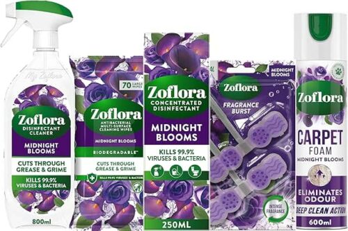 Zoflora Midnight Blooms Bundle - Concentrated Disinfectant Liquid, Biodegradable Wipes, Carpet Fresh & Care Foam and Toilet Rim Blocks-AUTO WIN 05/07