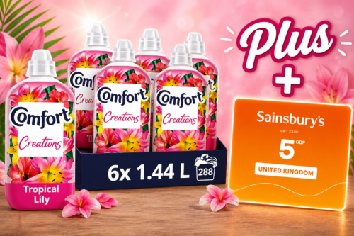 DAILY LUNCH DASH! Comfort Perfume Creations Tropical Lily Fabric Conditioner Softener with Motion-Activated Fragrance Technology 100 Days of Freshness 48 washes(1.44 L) - Case pack of 6 AUTO-WIN 01/07