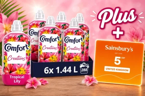 DAILY LUNCH DASH! COMFORT PERFUME CREATIONS TROPICAL LILY FABRIC CONDITIONER SOFTENER WITH MOTION-ACTIVATED FRAGRANCE TECHNOLOGY 100 DAYS OF FRESHNESS 48 WASHES(1.44 L) – CASE PACK OF 6 AUTO-WIN 07/07