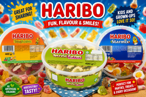 Haribo Tangfastics Bulk Sweets Drum, 400 g HARIBO Starmix – Gummy and Foam Sweets – 400g Sharing Tub and HARIBO Terrific Turtles Fruity Gummy Sweets – 480g Tub AUTO-WIN 28/07