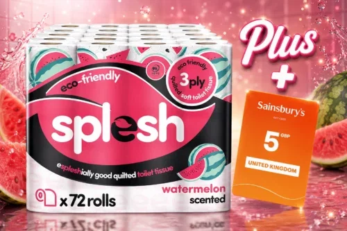 DAILY LUNCH DASH! SPLESH BY CUSHEEN TOILET ROLL 72 ROLLS – WATERMELON SCENT BULK FAMILY PACK | SOFT DAILY LUNCH DASH! 3 PLY QUILTED BATHROOM TISSUE LOO ROLLS | ECO-FRIENDLY, SUSTAINABLE TOILET PAPER AUTO-WIN 02/07
