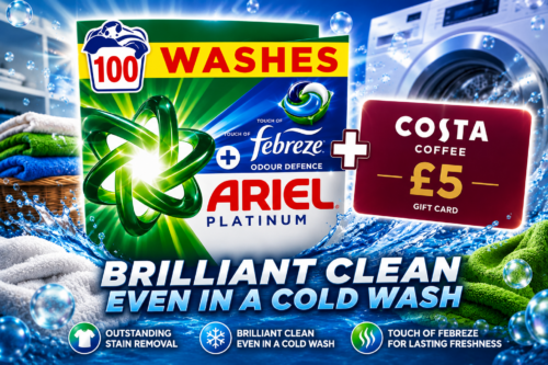 DAILY COFFEE  DASH! Ariel Platinum PODS®, Washing Liquid Laundry Detergent Capsules 100 Washes, +Touch of Febreze Odour Defence, Remove Even 7-Day Sweat Odours PLUS £5 COSTA GIFT CARD  AUTO-WIN 13/07