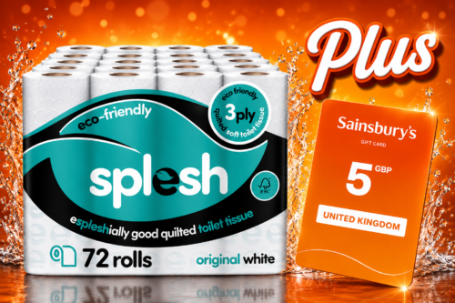 DAILY LUNCH DASH! Splesh by Cusheen 3-ply Toilet Roll - Unscented (72 Pack) Soft, Quilted Bulk Toilet Rolls, Toilet Tissue and Loo Rolls (PLUS YOU WIN A £5 SAINSBURYS GIFT CARD FOR LUNCH BREAK) AUTRO-WIN 06/07